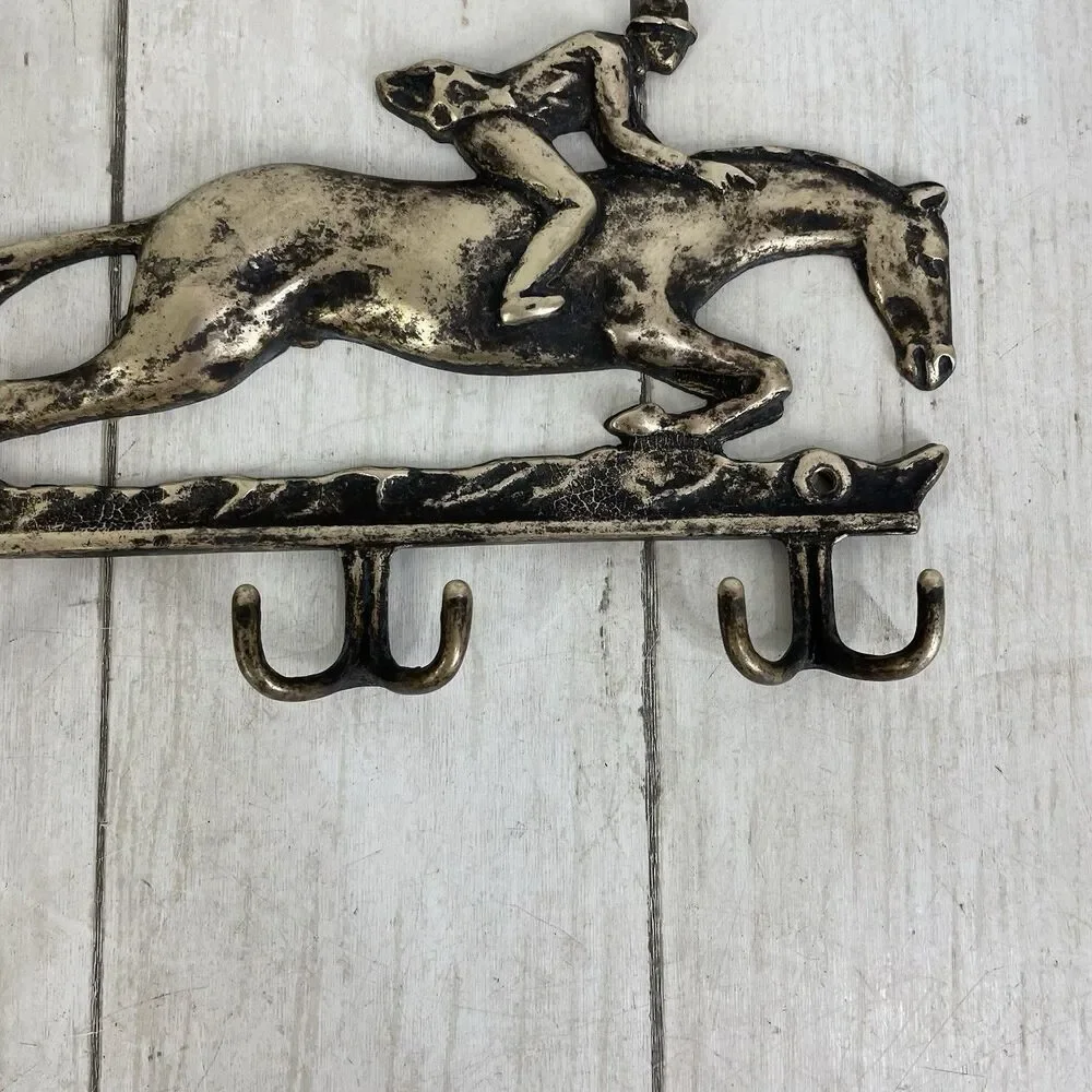 Vintage Brass Horse Rider Wall Hanger Key 6 Hooks